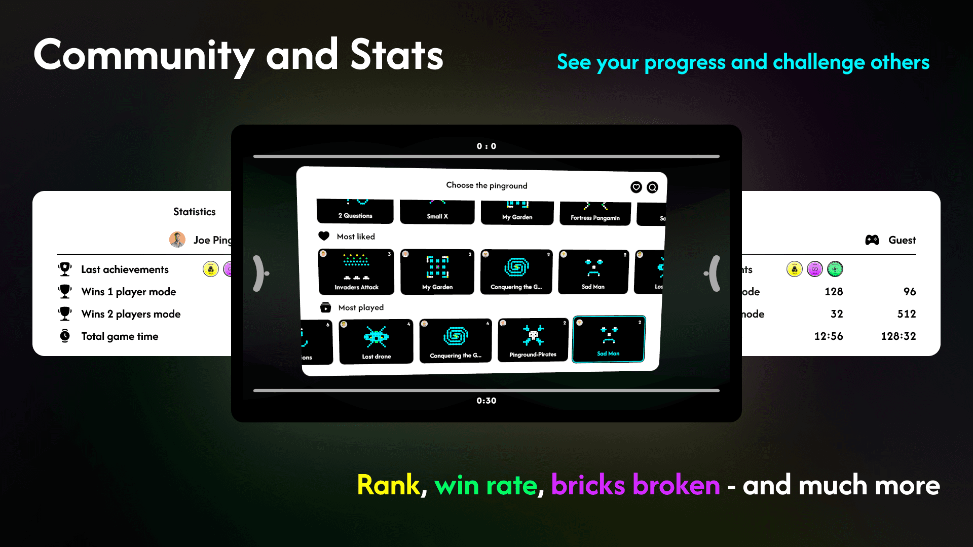 Community and stats — progress, ranks and other players' pingrounds — On tablet
